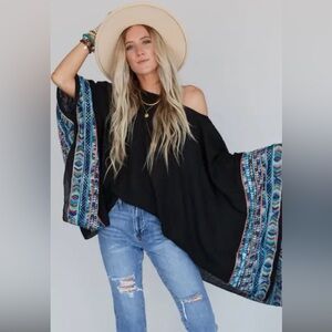 Bohemian Three Bird Nest Fallon Embroidered Sleeve Kimono Angel Wings Sleeve Top
